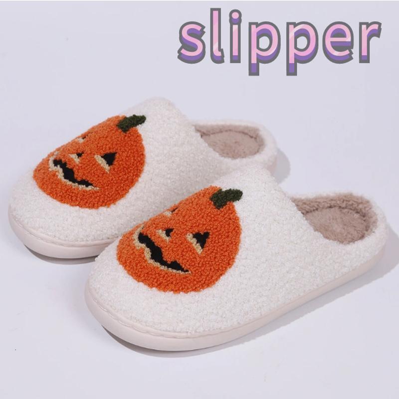 Fashion Cartoon Pumpkin Cotton Slippers for Women Indoor Non Slip Warm Plush Woman Halloween Casual Designer Cotton Slides Female