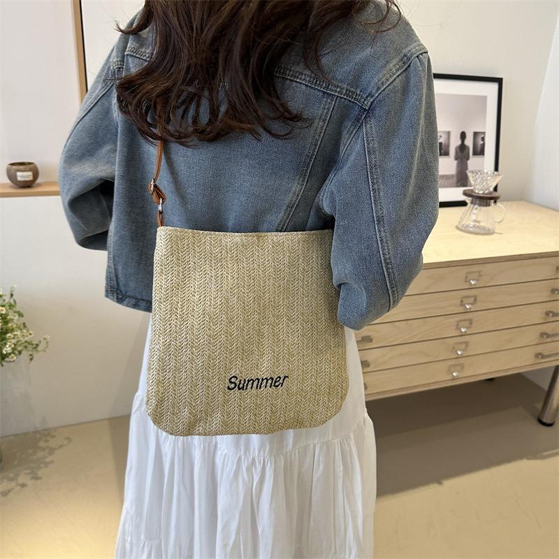 Woven Bag Women's New Large-capacity Letter Shoulder Bag Outdoor Leisure Lightweight Inclined Bucket Bag