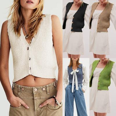 Gilet Maglione Corto da Donna Scollo a V Bottoni Crop Top Estivo Casual Lavorato a Maglia Senza Maniche Cardigan per Ragazze Adolescenti