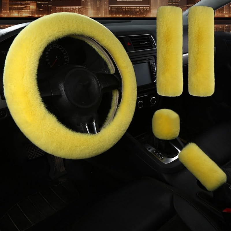 Pinbola 5Pcs In 1 Set Faux Wool Steering Wheel Cover Soft Fluffy Handbrake Cover & Gear Shift Cover & 2Pcs Seat Belt Shoulder Pads Warm Universal Fit