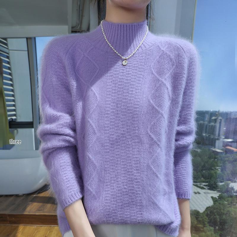 Women's Mink Cashmere Sweater, Semi-High Neck, Thick Loose Knit Pullover