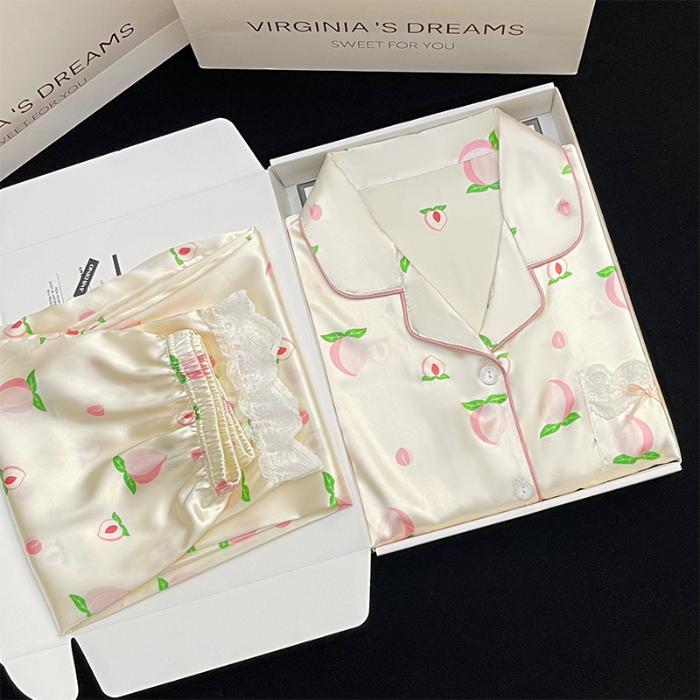 Pyjamas Damen Seiden-Langarmpyjamas Pyjama-Anzug mit Blumendruck Hochwertige Eisseide Kann Draußen Als Pyjama Für Zu Hause Getragen Werden