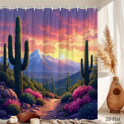 Desert Sunset Shower Curtain Cactus Landscape Print with Snowy Mountains Polyester Bath Curtain with Hooks for Boho Decor