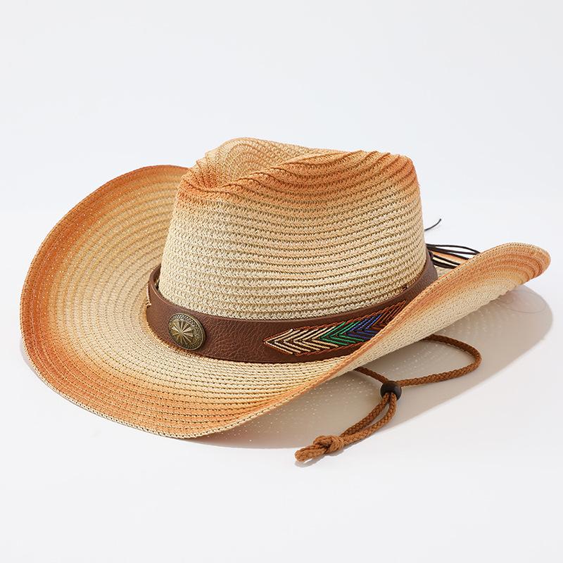 Ethnic Style Straw Woven Western Cowboy Hat, Summer Travel Photo Big Edge Straw Hat, Outdoor Beach Sunshade Sun Protection Hat
