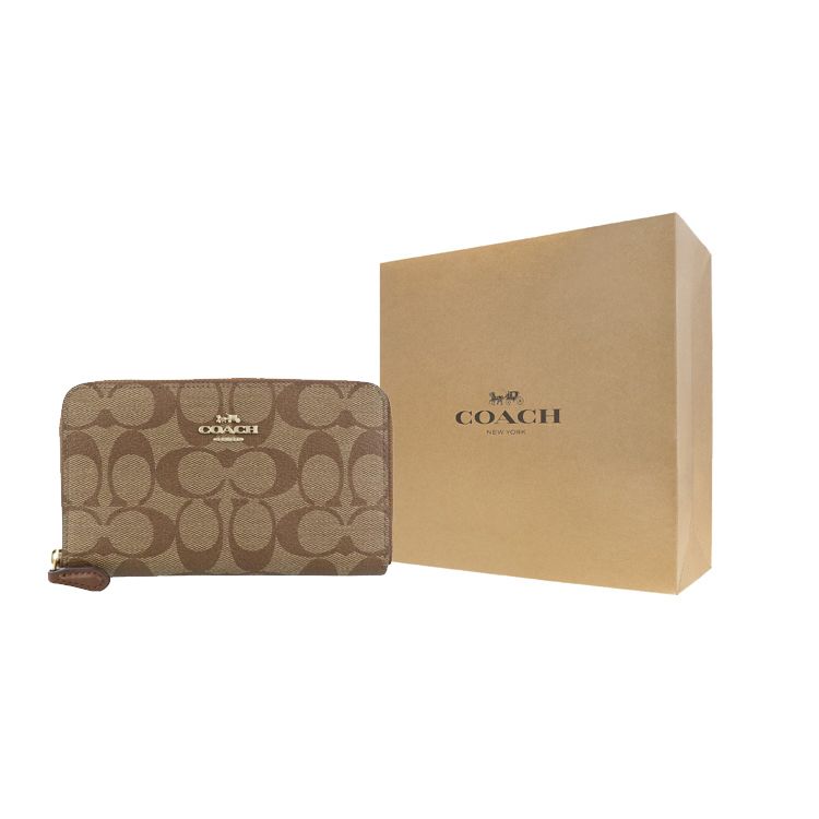 Coach Zip Around 17 Classic Monogram Coated Canvas Coin Purse ID Card Holder Wallet Women wallet Khaki 88913-IME74