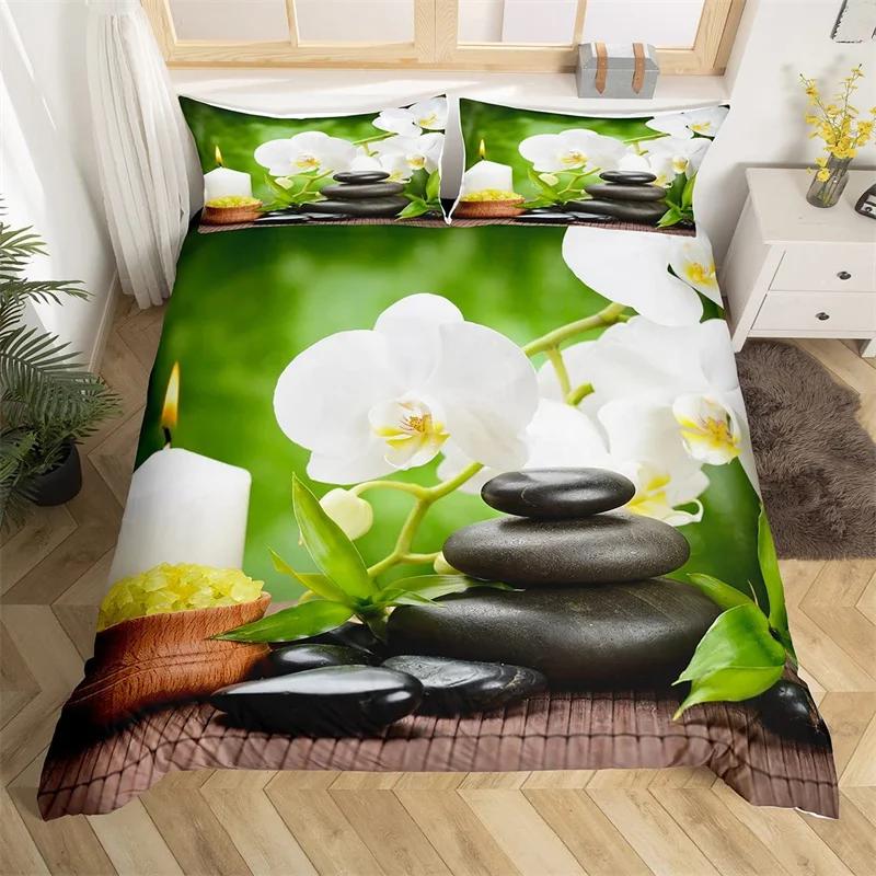 Zen Stones King Duvet Cover Sandy Beach Bedding Set Microfiber Purple Phalaenopsis Comforter Cover Meditation Bedspread Cover
