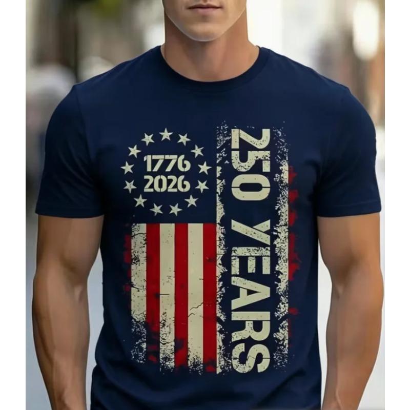 Men'S American Flag Short Sleeve T-Shirt, Commemorating Anniversary of US Founding, Print Fashion Round Neck Short Sleeve