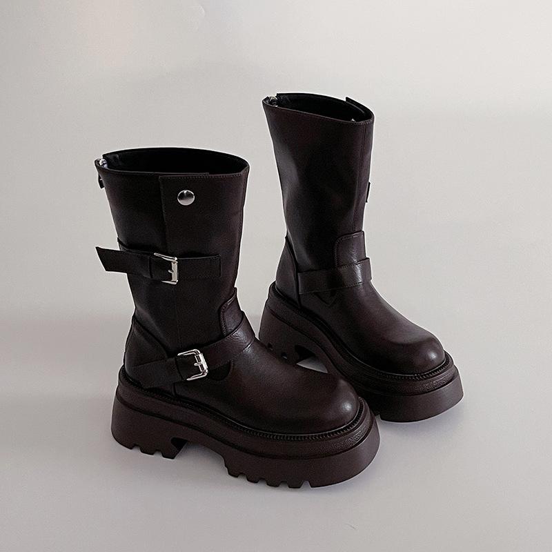 

British style thick high heel thick sole heightening Martin boots women s 2025 winter and autumn simple retro versatile medium boots single boots 40 коричневый