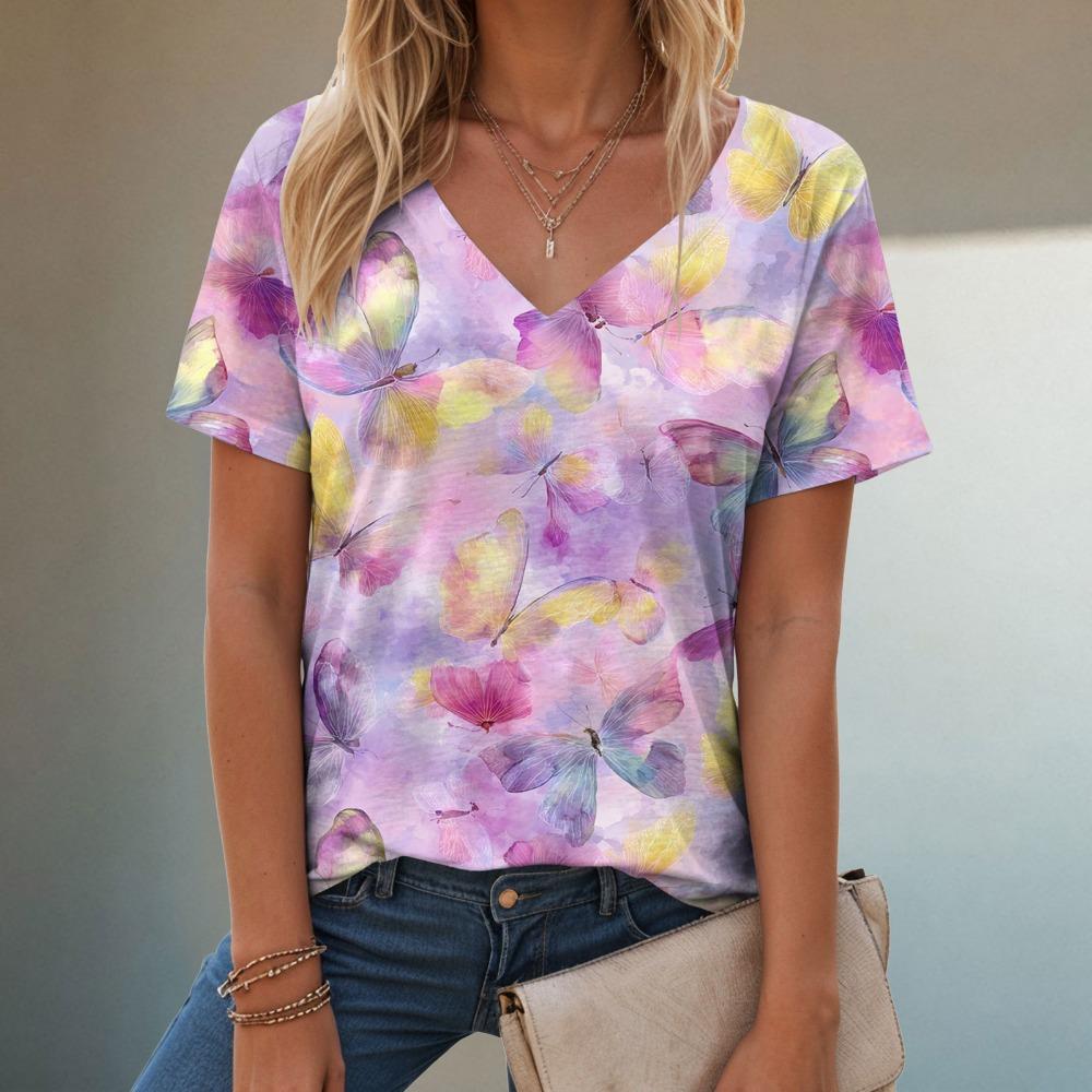Women's flower butterfly print short sleeved V-neck T-shirt