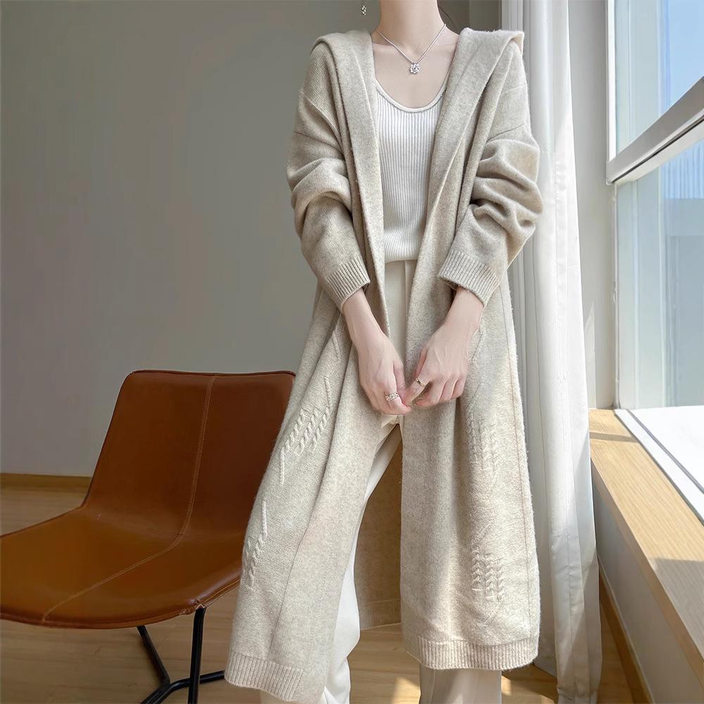 Women's Hooded Over-the-Knee Wool Knitted Cardigan - Thick, Loose, Buttonless Outerwear for Autumn/Winter