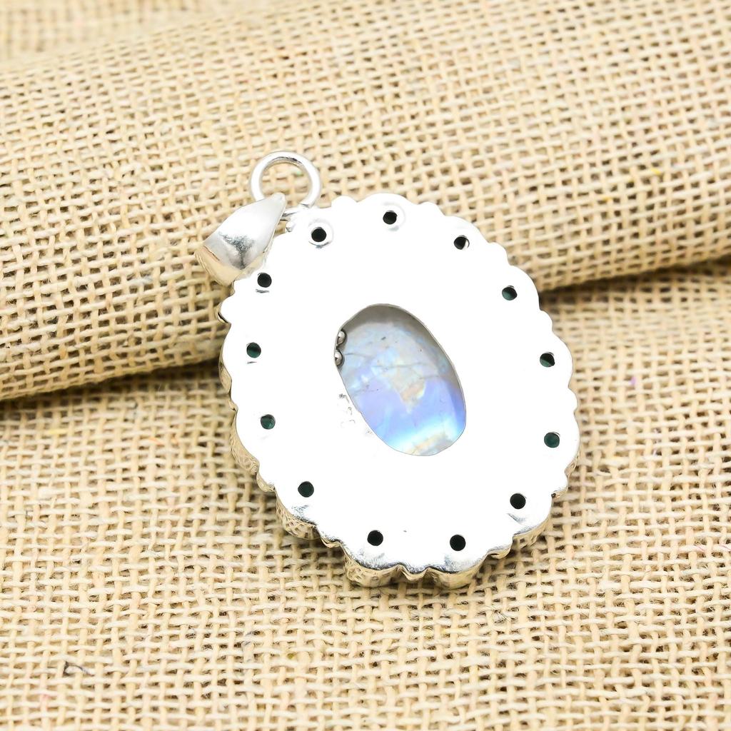 Rainbow Moonstone, Blue Topaz Gemstone Jewelry 925 Solid Sterling Silver Handmade Pendant