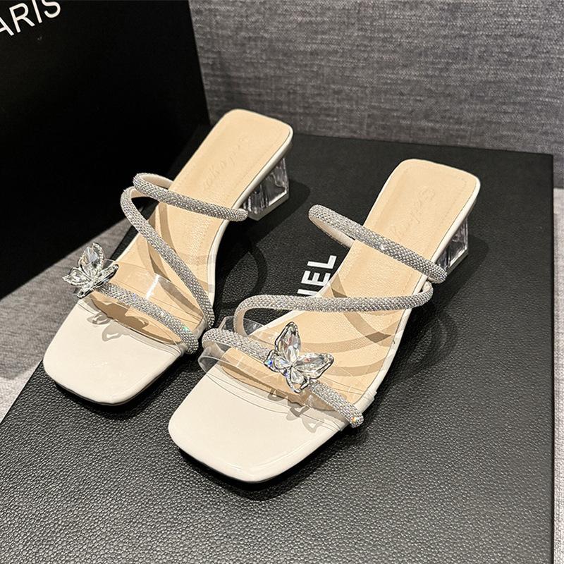 2025 Cool Slippers Women's Heel Temperament High Heels Crystal One-Flip Fashion Summer Bow Diamond Chain