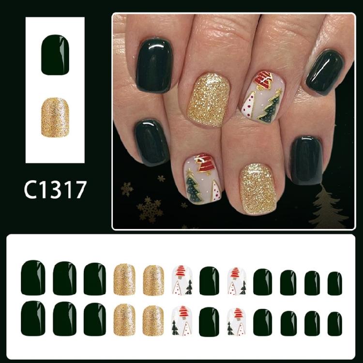 24Pieces Press On Nail Festival Gold Glitters Christmas Design Matte Green Style Easy Application Lightweight ABS Build