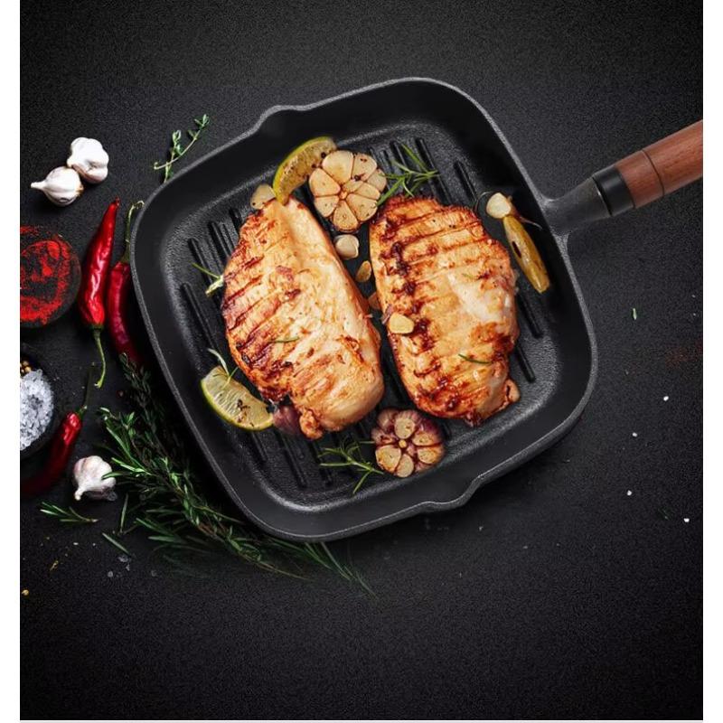Cookware Cast Iron Square Grill Pan Steak Fry Pan with Wood Handle