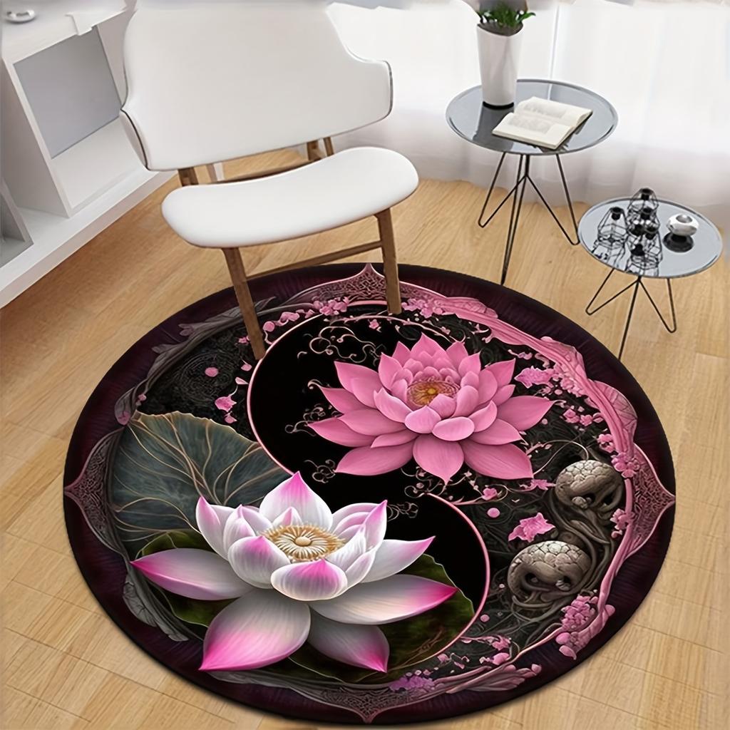 Yin Yang Lotus Round Rug, Non-Slip Washable Polyester Mat for Bedroom Living Room Office Nursery, Home Decor Carpet