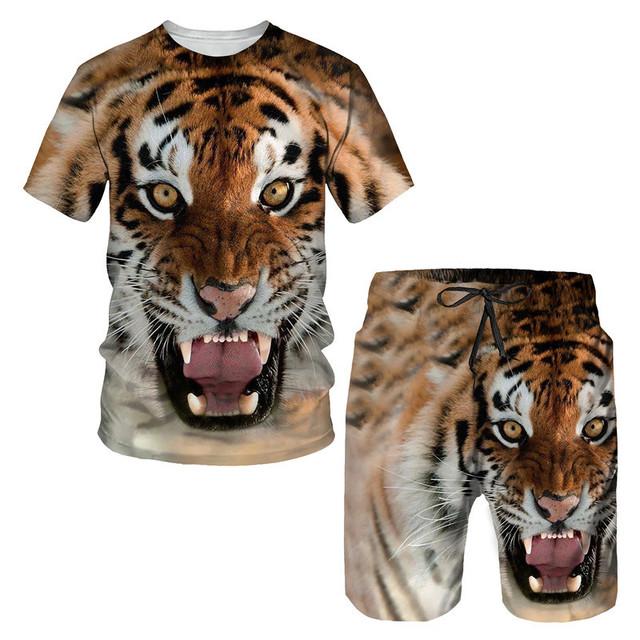 Tricou/costumul cu imprimeu 3D The Tiger, cu mâneci scurte, cu gâtul O, pantaloni de plajă pentru bărbați, set de 2 bucăți, îmbrăcăminte sport pentru cuplu, pantaloni scurți de înot