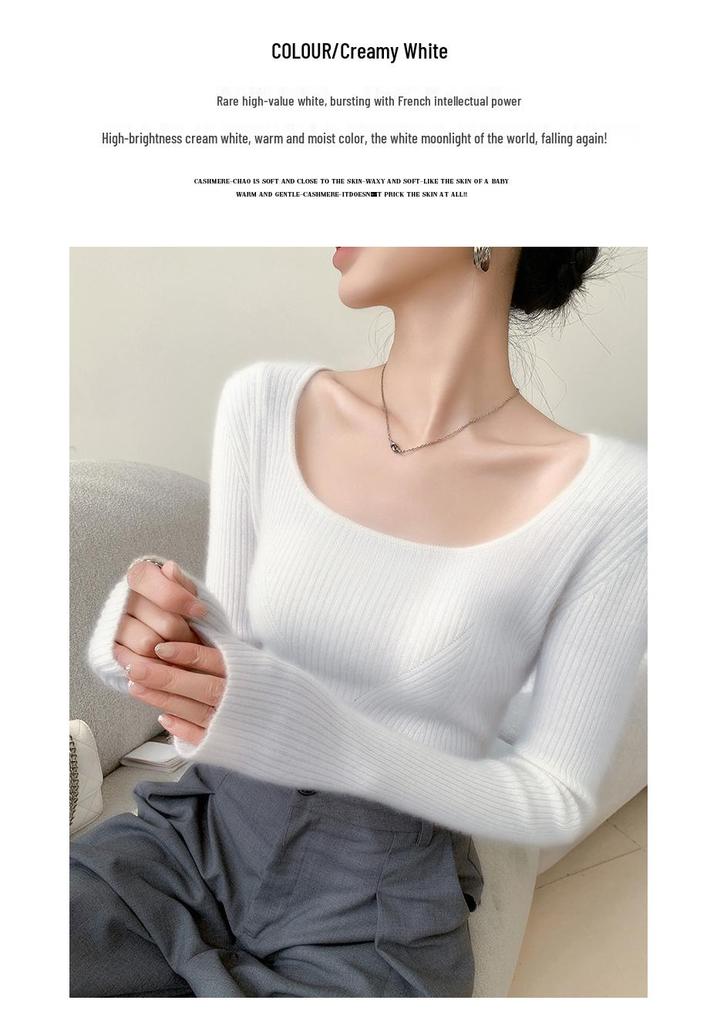 Chic Age-Defying Color-Block U-Neck Cashmere Sweater for Women - Slim Fit, Thick Knit Jacquard.