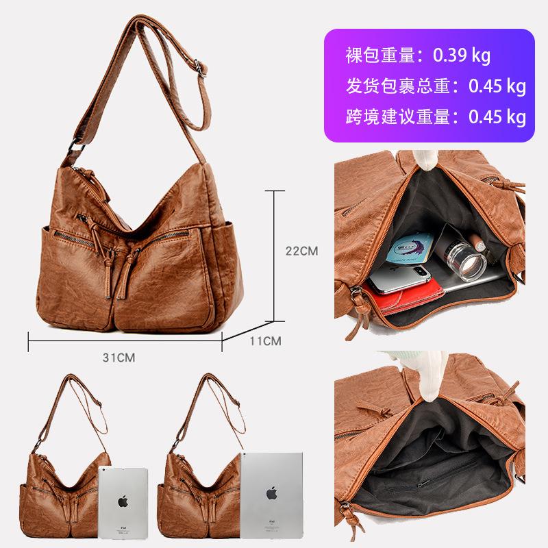 Bag women's new women's bag washed leather simple women's shoulder messenger bag fashionable portable mother bag