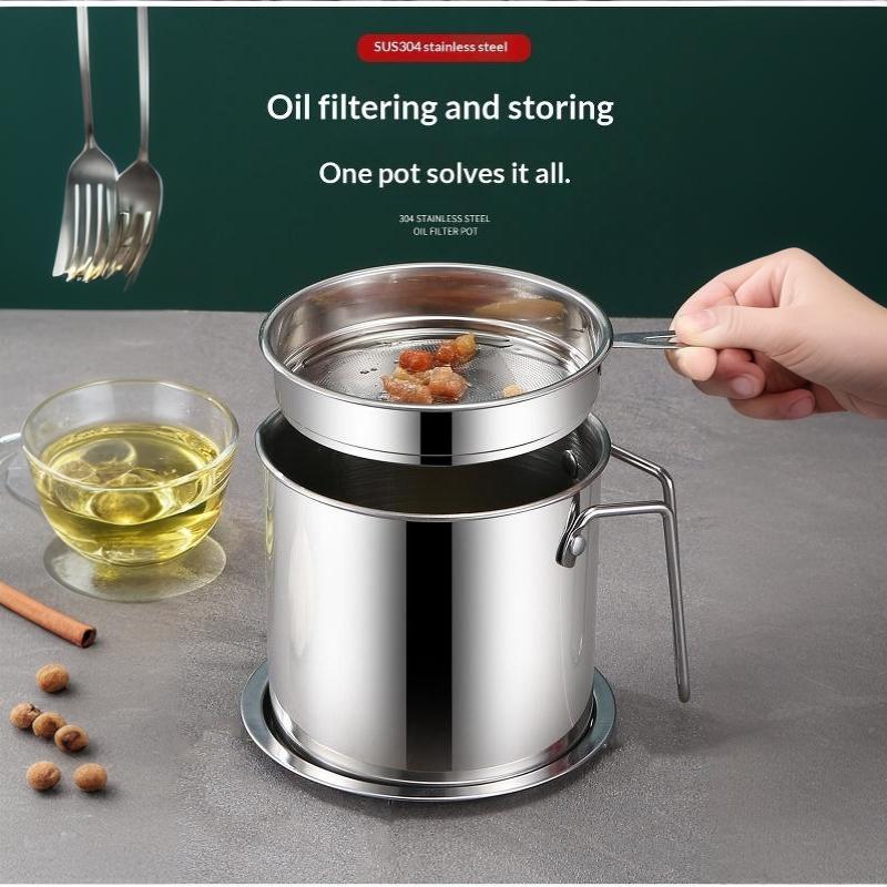Stainless Steel Oil Strainer Pot Leakproof Oil Storage Container with Fine Filter for Home Kitchen Frying Oil Recycling