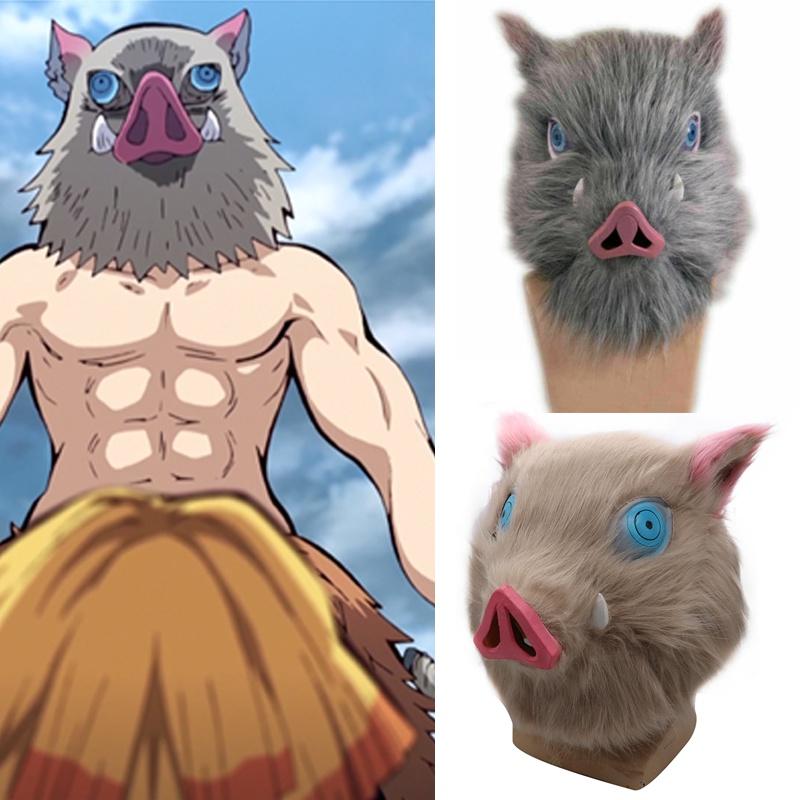 Autentisk Anime Demon Slayer Kimetsu No Yaiba Hashibira Inosuke Gris Cosplay Mask Idealisk För Maskeradfester