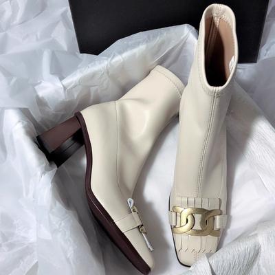 Fashion Women's Fashion Chunky Single Boots Fall New Square Head Metal Sleeve Comfortable High Heel Ankle Boots