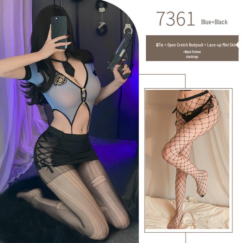 Night Piano Women's Sexy Police Uniform & Flight Attendant Lingerie Set - Cutout Bodysuit with Hip-Hugging Skirt, Style 7361.
