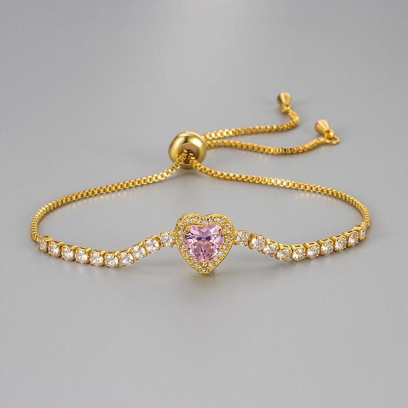 

Pink Heart Zircon Adjustable Bracelet Light Luxury Elegant Fashion Bangle For Women Daily Commute Jewelry Gift copper