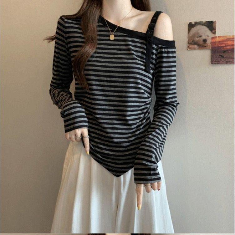 Women's Plus Size Off-the-Shoulder Striped Long-Sleeve Top - Slimming, Belly Concealing, Versatile for Spring & Autumn 2025.