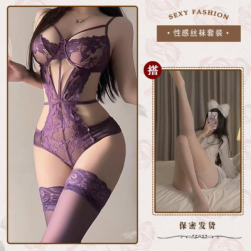 Hollow and thin sexy underwear sexy onesie temptation strap perspective lace free purple n