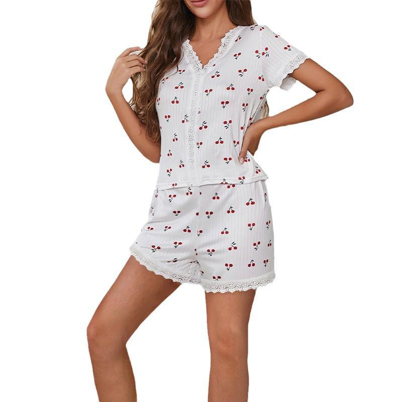 Lace Cherry Print Short-Sleeve Pajama Set: Sexy & Loose Homewear for Women