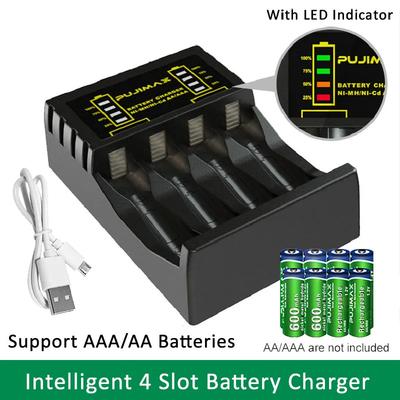 Battery Charger 4 Slot Intelligent Fast Charge With Indicator For 1.2V NiMH NiCd AAA/AA Rechargeable Batteries USB C Micro Jack