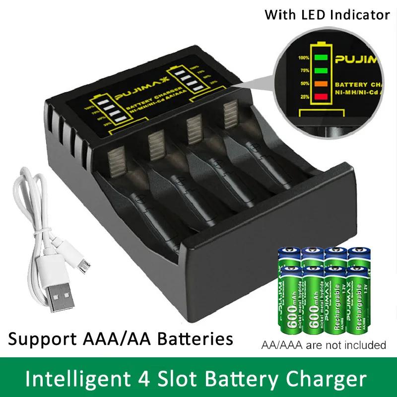

Battery Charger 4 Slot Intelligent Fast Charge With Indicator For 1.2V NiMH NiCd AAA/AA Rechargeable Batteries USB C Micro Jack чёрный