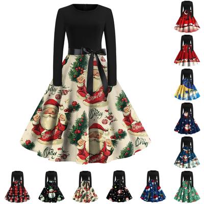 Women's Fashion Vintage Long Sleeve Round Neck Christmas Printed Party Gown Dress