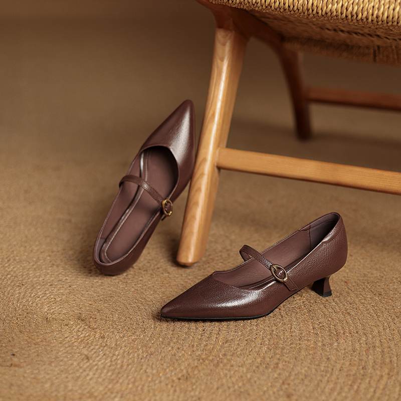 Krazing Pot Sheepskin Autumn Winter Shoes Thin Med Heels Size 43 Size 42 Pointed Toe Buckle Straps Shallow Pumps