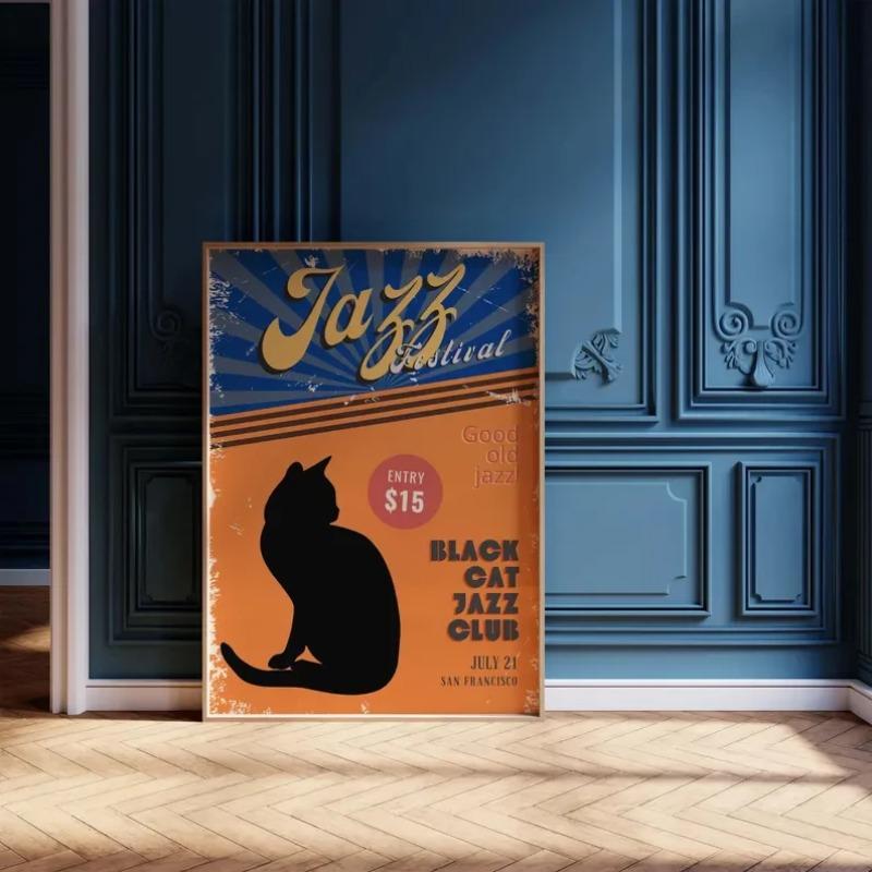 Black Cat with Piano Canvas Art Poster Fortune Cat Simple Canvas Painting Wall Art for Bedroom Living Room Home Office
