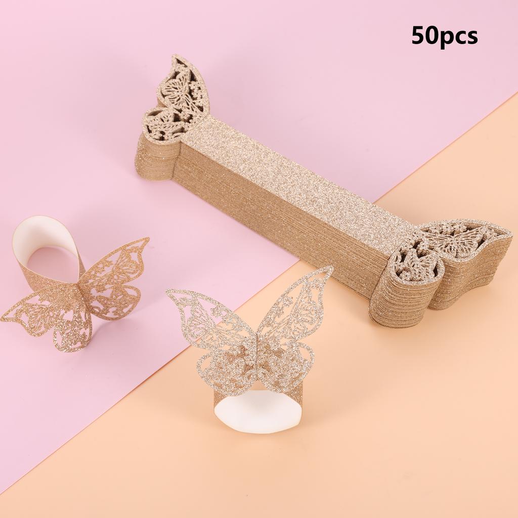 50pcs 3D Butterfly Napkin Ring Premium Frosted Paper Exquisite Hollow Texture Gold Silver Blue Pink Glitter Sprinkled Decor Home