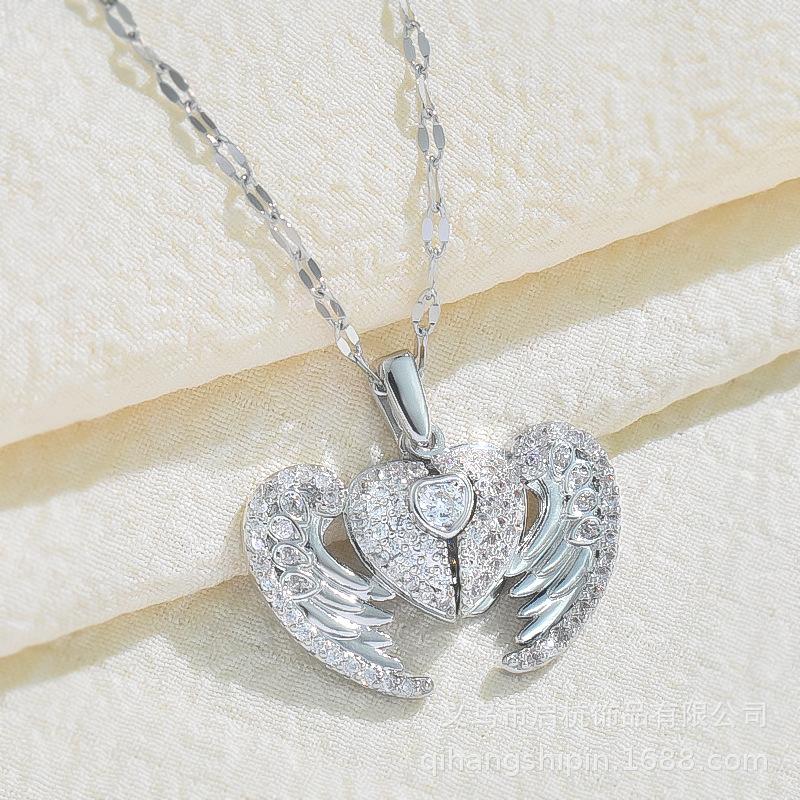 Titanium Steel Love Necklace Women'S Senior Creative Personality Versatile Open And Close Angel Wings Pendant Jewelry