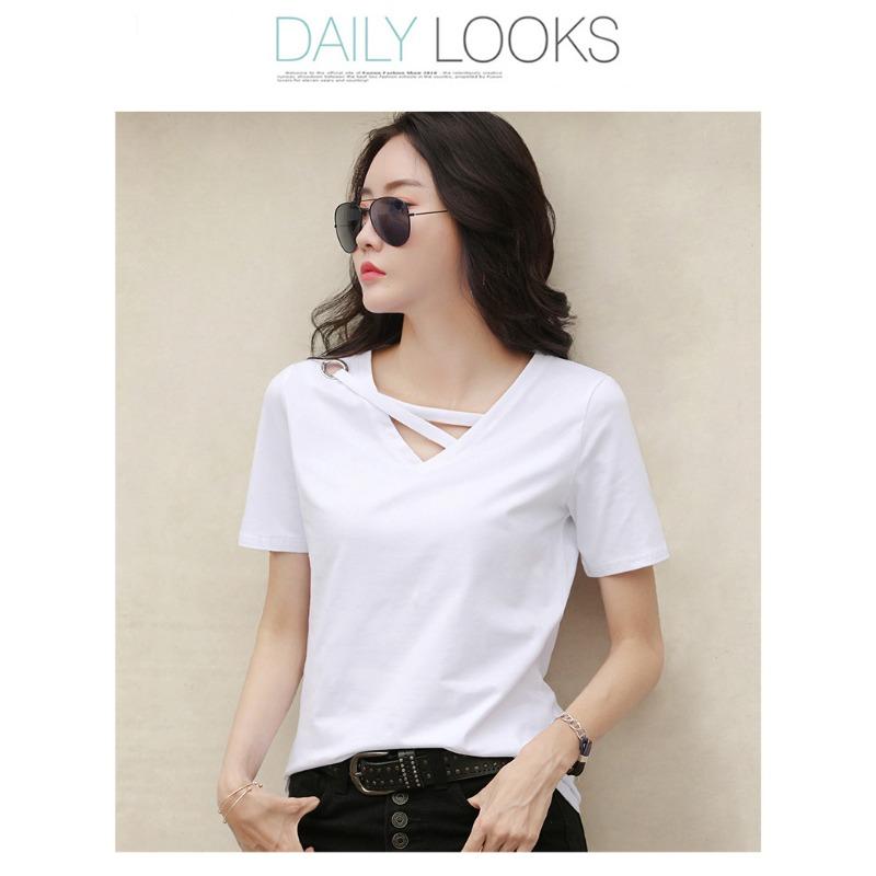 T-shirt à manches courtes et col en v pour femme, haut ample et fin, été