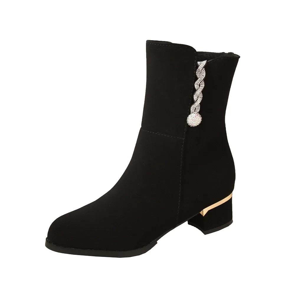 Fashion Comemore Chunky Heel Boots Women Autumn Winter Fashion Black Suede Single Short Botas Rhinestone 4cm Medium Heel Botines Mujer