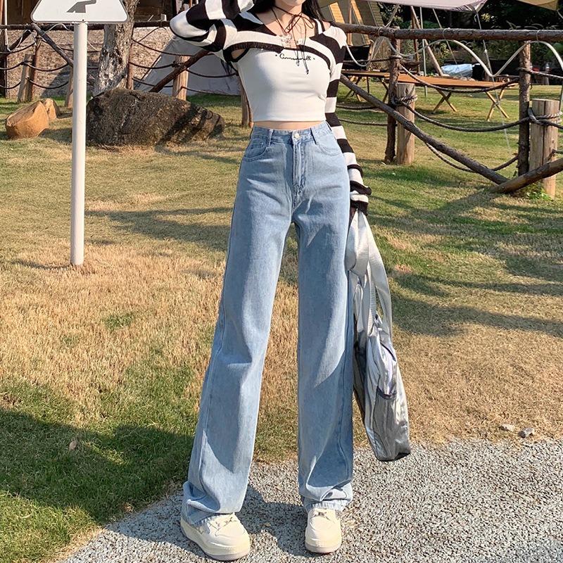 Narrow Version Wide-leg Jeans Women's Autumn Thin Light-colored High-waisted Straight Loose and Thin Small Floor Pants