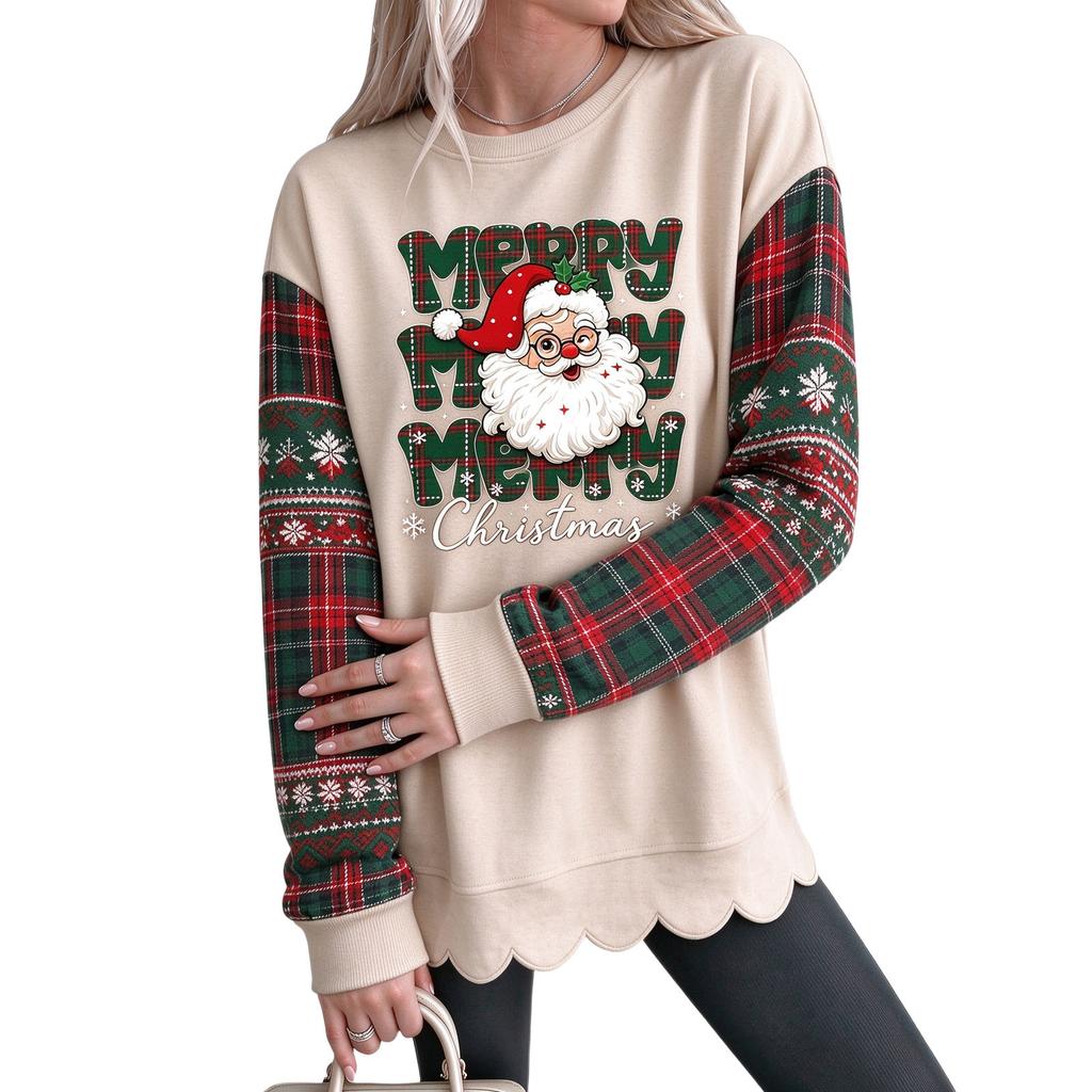 Women's Loose Drop Shoulder Long Sleeve Christmas Print Sweatshirt with Scalloped Wavy Hem Crewneck Pullover