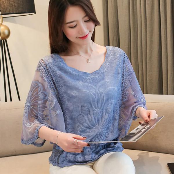 WTEMPO Women's Spring Summer Hollow-out Breathable Shirts Female Retro Elegant Casual Loose Thin Lace Patchwork Tops