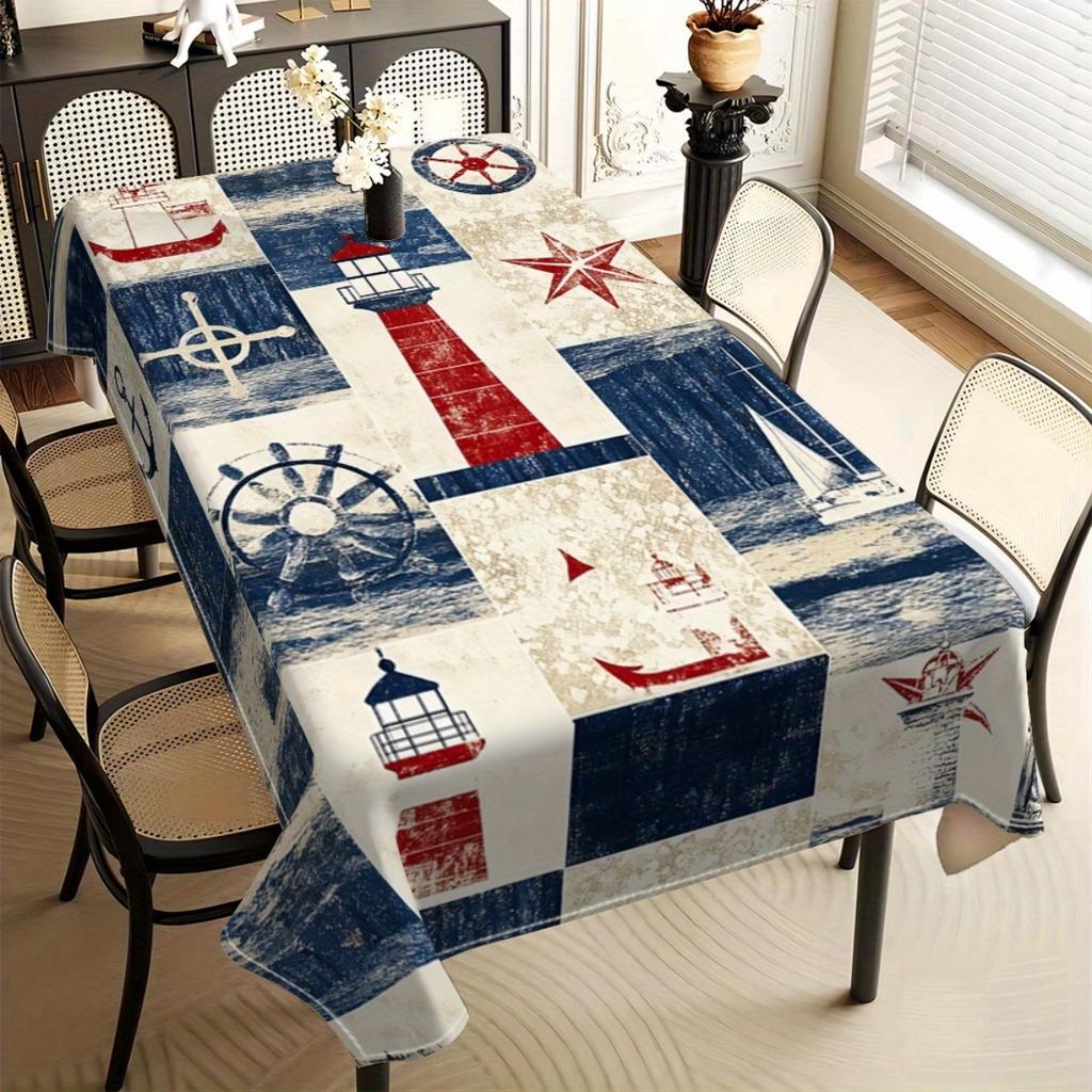 1pc Nautical Lighthouse Tablecloth - Classic Blue, White, and Red Ocean Design, Durable Polyester Fabric Rectangular Table Cover, Suitable for Dining