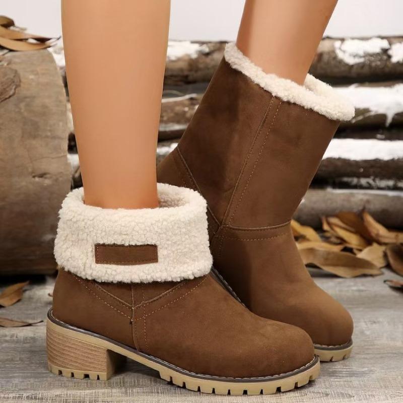 Foreign trade short tube velvet medium heel snow boots women's fur integrated women's cotton boots winter thickened large size flip cotton boots