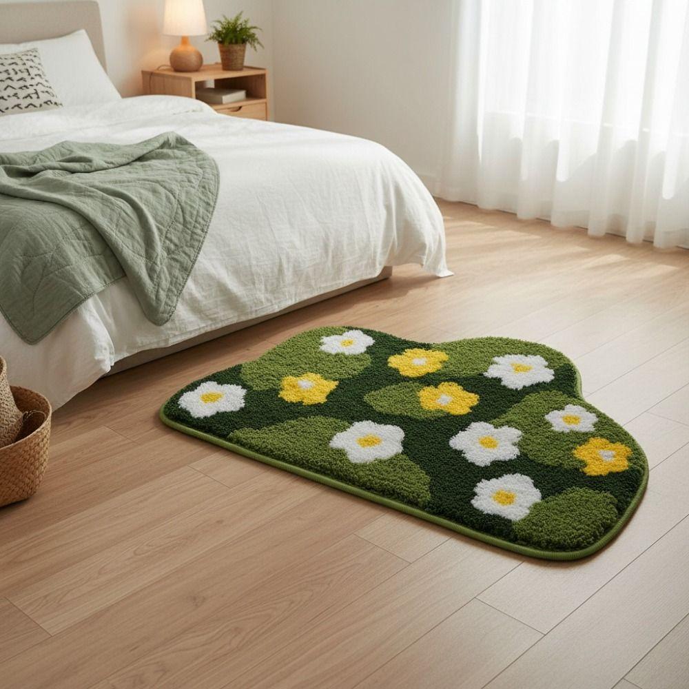 Absorbent Moss Rug Non Slip Bedside Small Carpet Flower Pattern Simulated Moss Bath Mat  Bathroom