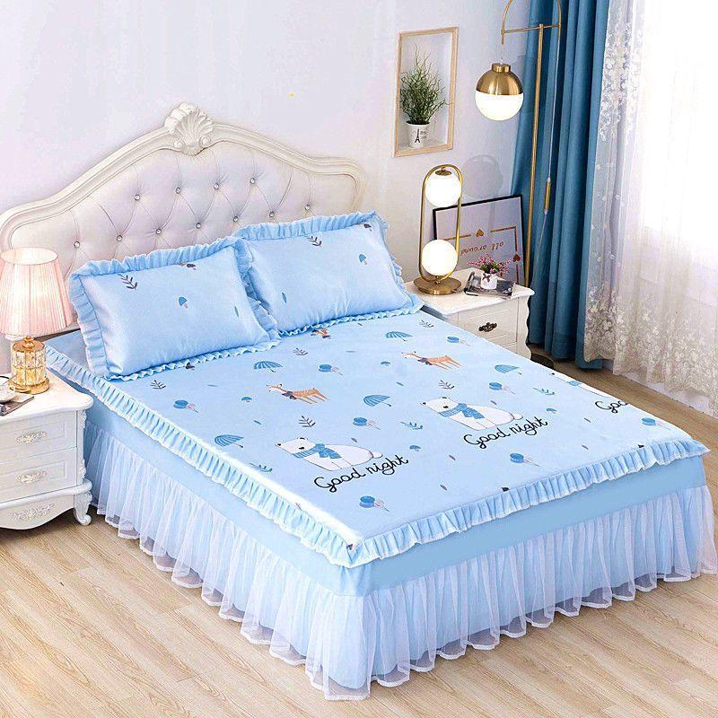 Summer Bed Skirt Ice Silk Summer Mat Water Machine Washable Folding Bed Cover Single Double Air Conditioning Soft Mat Three-Piece Set