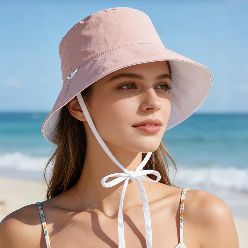 Reversible Bucket Hat with Chin Strap, Sun Protection Windproof Fisherman Cap for Women