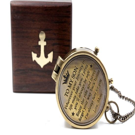 To My Son, Love Mom Pocket Compass Replica of Sundial Compass with Case Gift for Son, Mom Grandson Birthday Gift Décor