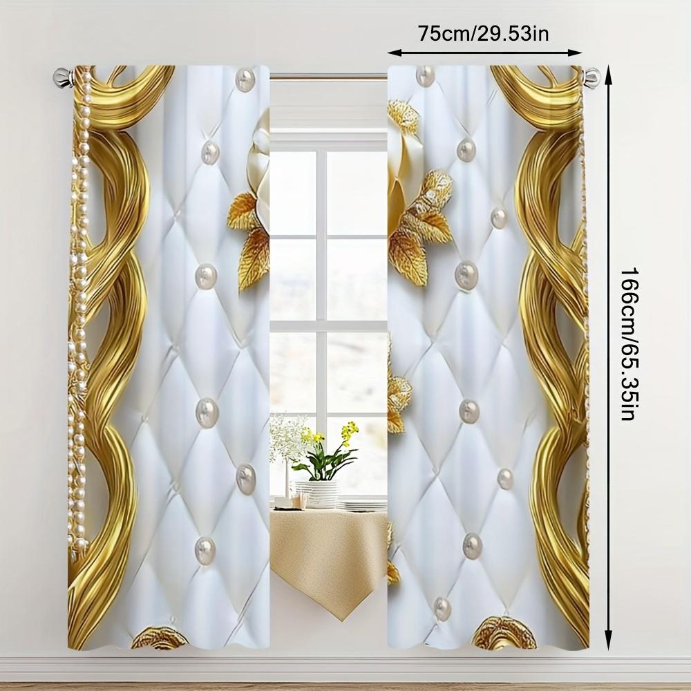 European Style Gold White Curtains All Season Decor Bedroom Living Room Curtain Set Of 2 Elegant Made Polyester Washable Area Ready