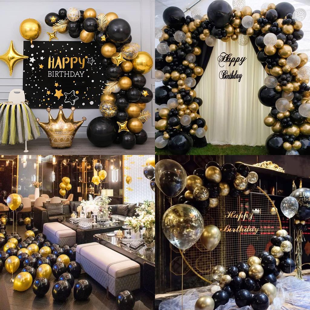 Black and Gold Silver Balloon Garland Arch Kit with 114 Latex Balloons for Wedding Birthday Anniversary Celebration Indoor Decor